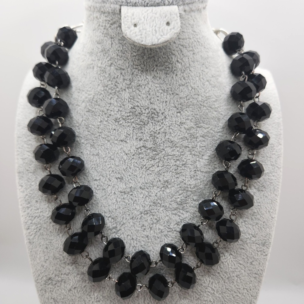 Vintage Chunky Black Faceted Crystal Glass Double Strand Toggle Necklace 16in